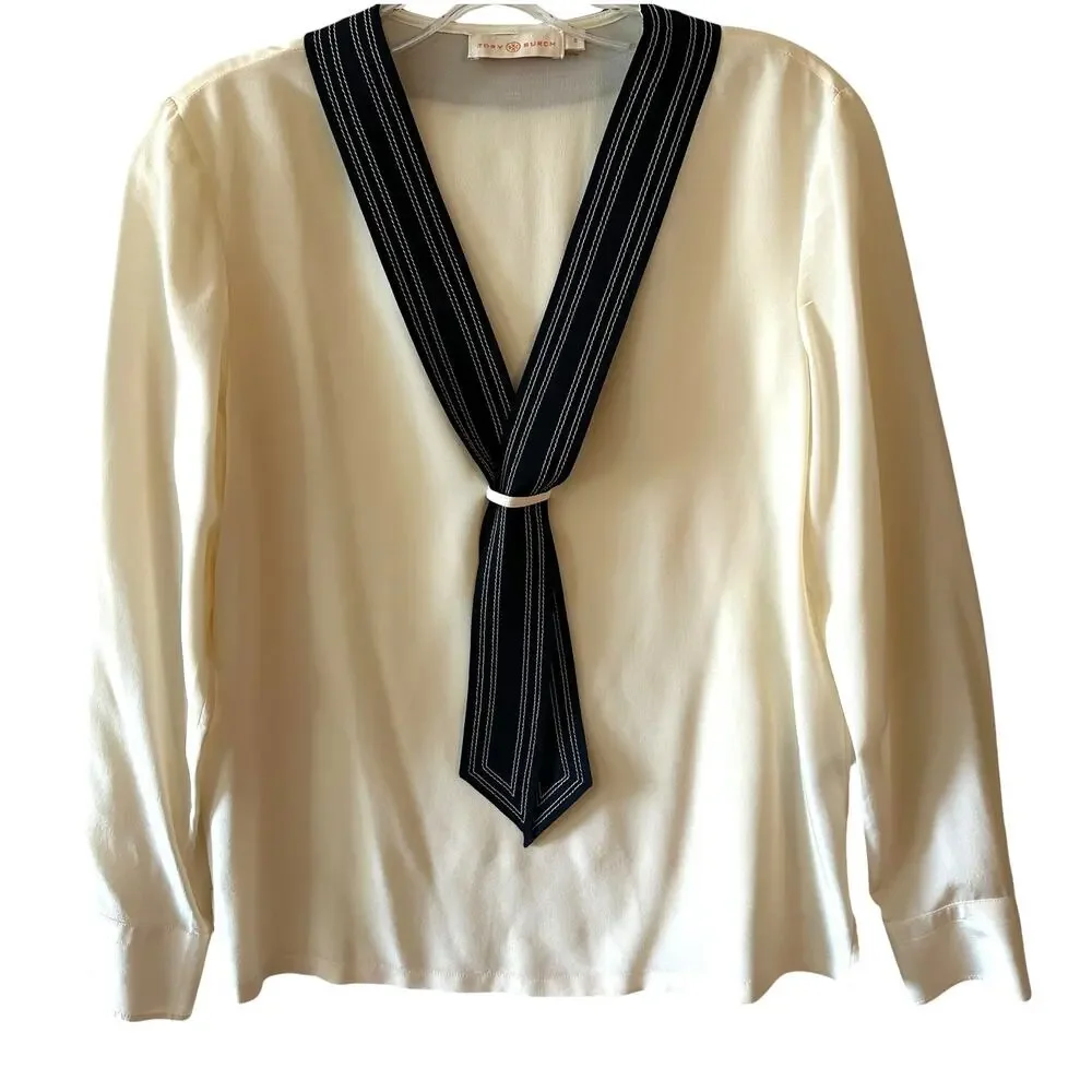 Tory Burch Silk Tie Neck Blouse Womens Size 0 New Ivory Preppy Careerwear